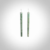 Hand crafted New Zealand Jade Inanga Jade drop earrings with Sterling Silver Hooks. Jade drop earrings, packaged in a woven kete pouch.